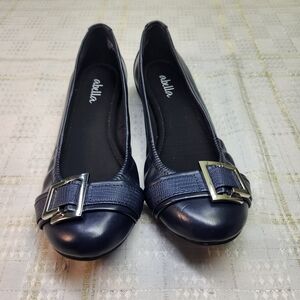 Abella Navy Blue Leather Buckle Ballet Flats